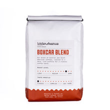 Load image into Gallery viewer, Coffee bag labeled 'Boxcar Blend' from Water Avenue Coffee Company on a white background