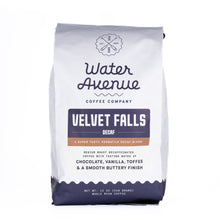 Load image into Gallery viewer, Water Avenue Coffee Company Velvet Falls Decaf coffee bag on a white background
